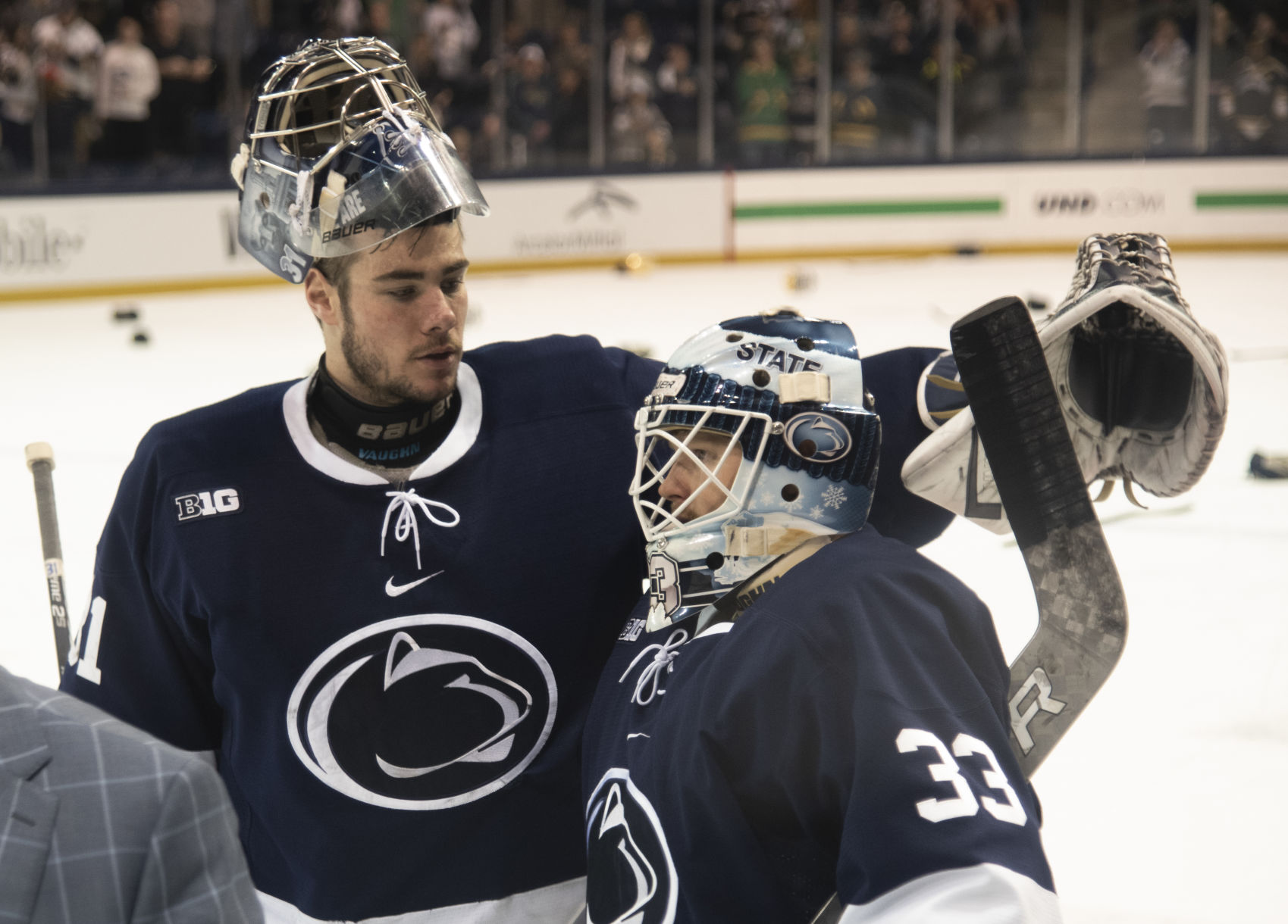 Big Ten Men's Ice Hockey Tournament Championship Game vs. Notre Dame, Jones (31) and Funkey (33)